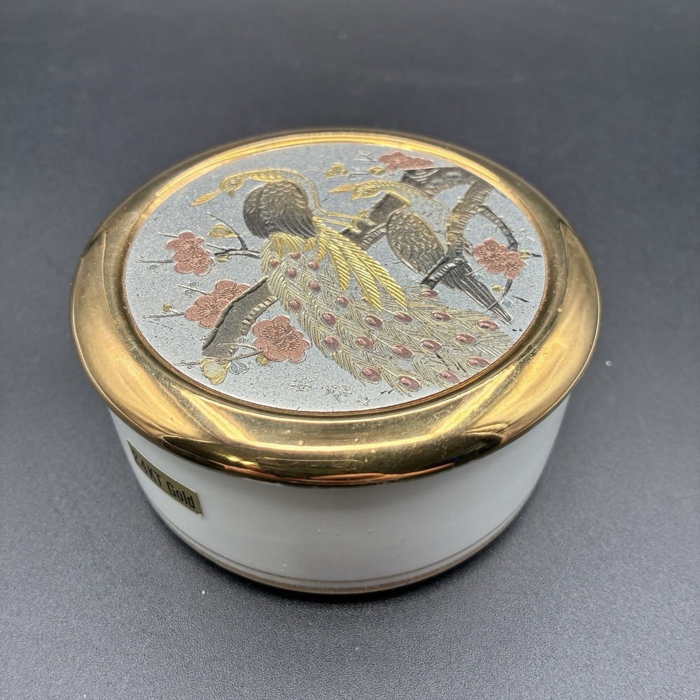 Vintage Art of Chokin Ceramic Trinket Jewelry Box Made in Japan 24K Gold Trim